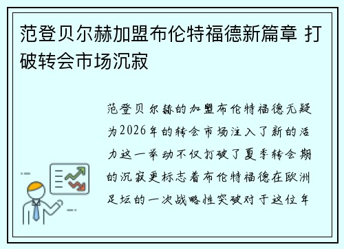 范登贝尔赫加盟布伦特福德新篇章 打破转会市场沉寂
