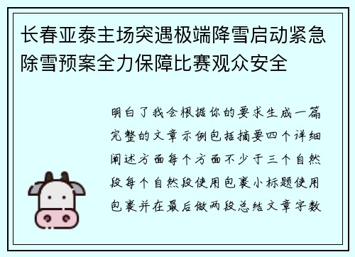 长春亚泰主场突遇极端降雪启动紧急除雪预案全力保障比赛观众安全 长春亚泰主场突遇极端降雪启动紧急除雪预案全力保障比赛观众安全